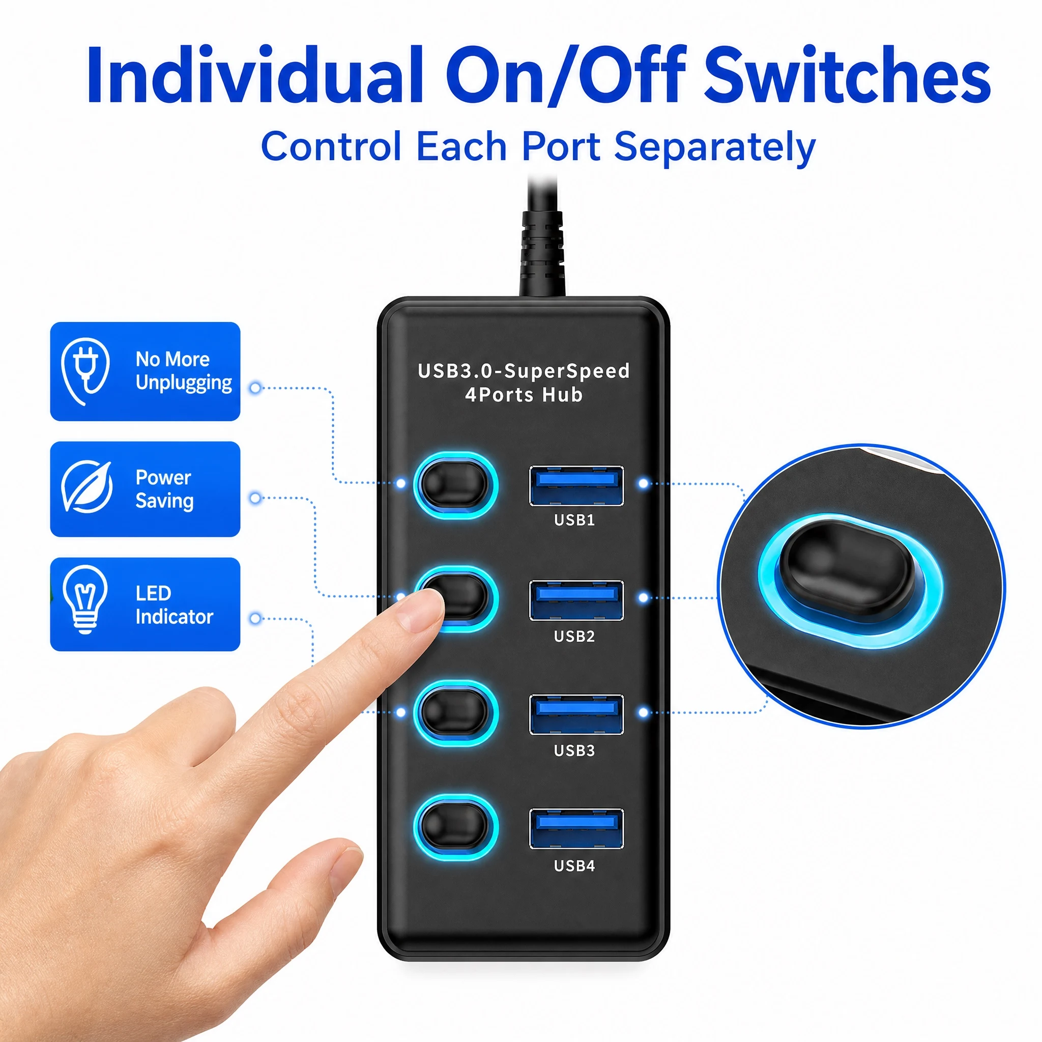 4 Ports USB 3.0 Hub With Individual On/Off Switches 5Gbps Super Speed USB Splitter Type‑C External Power Supply For Laptop PC view 2