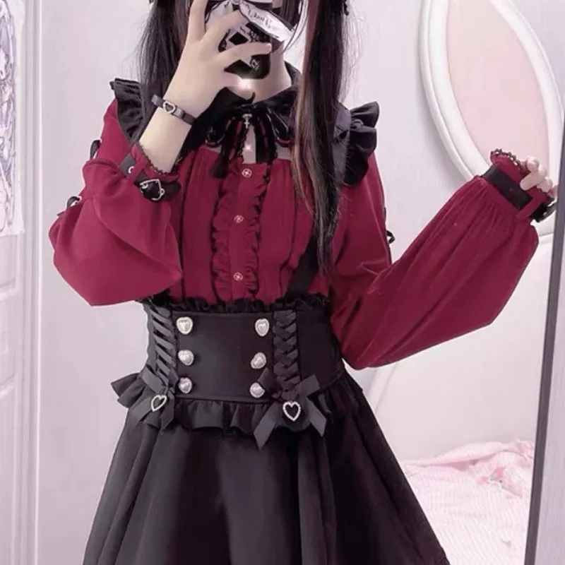 Kemeja Gotik Lolita kerah renda kelelawar Harajuku wanita blus lengan pendek panjang hitam merah Y2k pakaian atasan estetika manis yang elegan