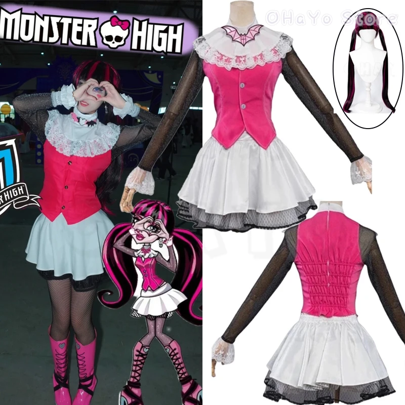 Monster Cos High: Draculaura Cosplay Kostuum Roze Pak Vampiree Draculaura Pruik Anime Vrouwelijke Cosplay Halloween Kostuums Schoenen