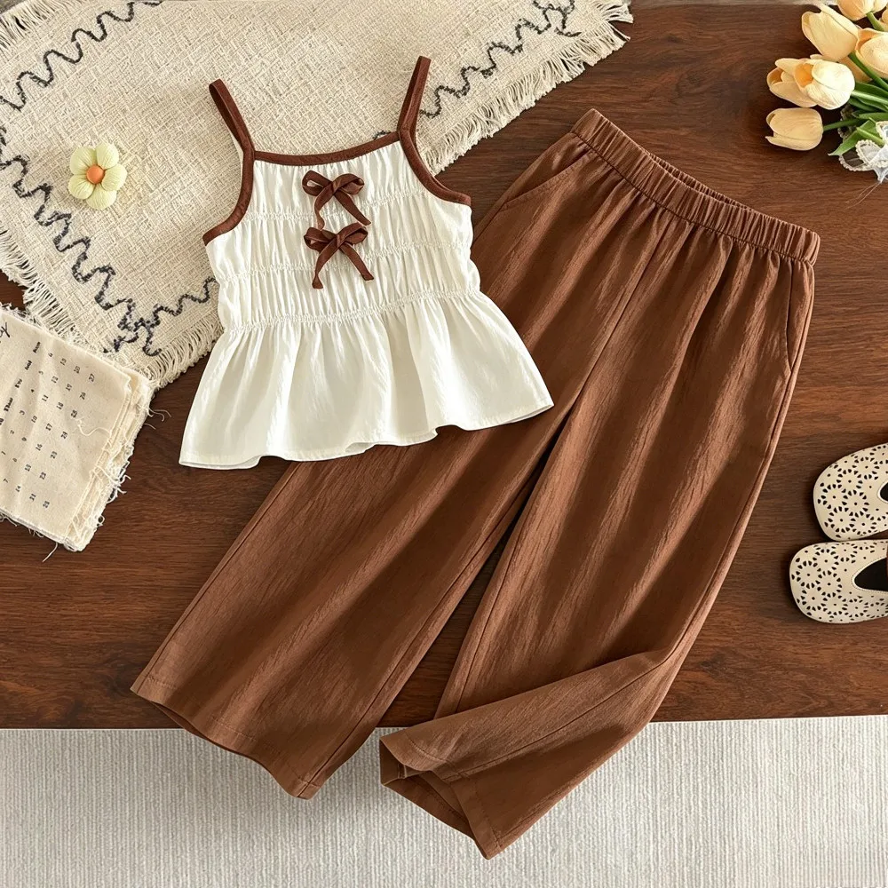 Summer New Korean Casual Suit with Bow Tie Lace Camisole Pullover and Brown Wide Leg Pants Two-piece Set 3 4 5 6 7 Girls