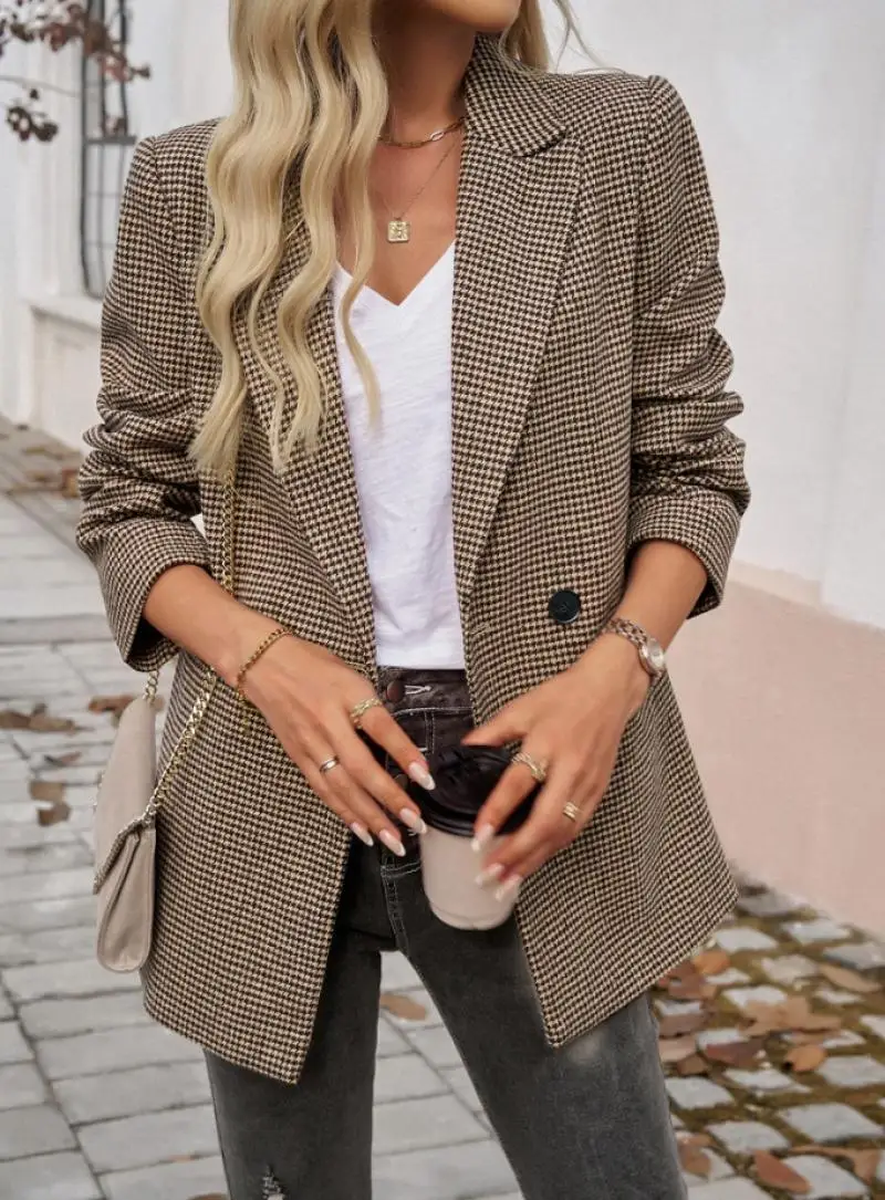 British Women's Commuting Suit Jacket Autumn Casual Contrasting Color Lapel Plaid Button Long Sleeved Suit Elegant Blazer Jacket