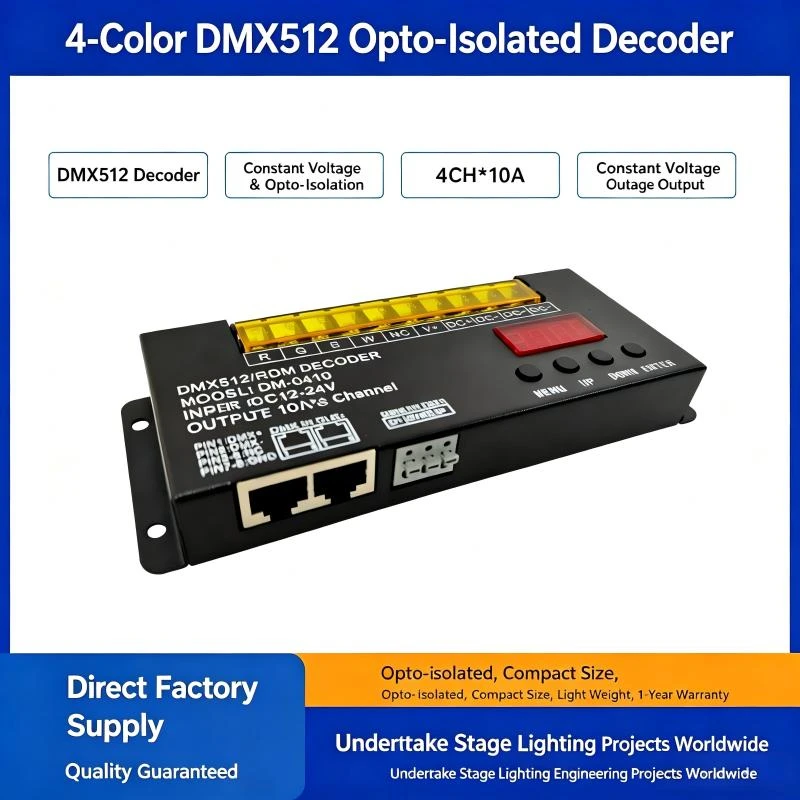 DMX512 RDM RGBW Decoder DM-0410 DC12V 24V 4x10A LED Light Dimmer Digital Address Display For RGBW LED Strip Stage Light