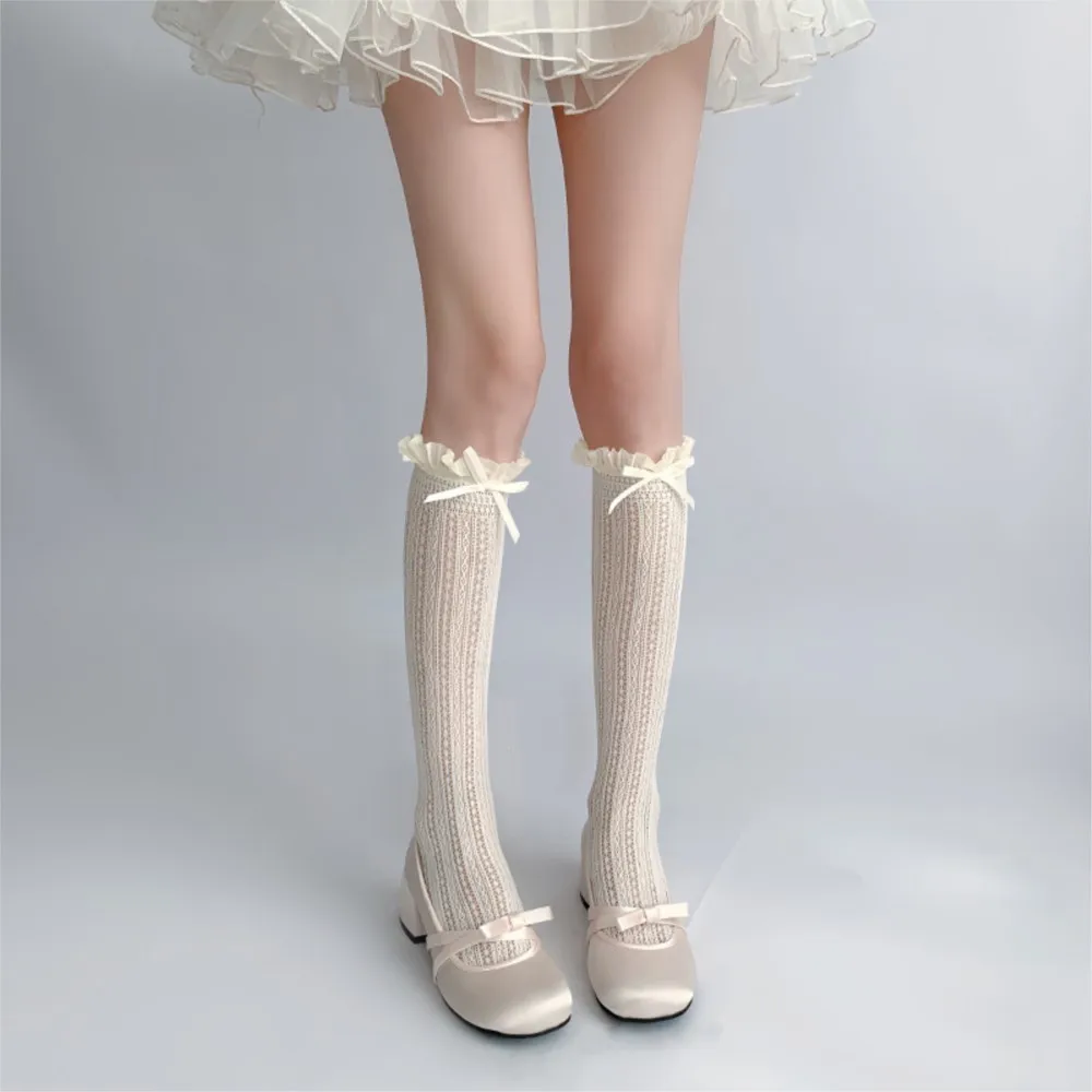 Sweet Girls Long Socks Stockings  Lolita Bowknot Ruffles Knee Socks Women Hollow Out Mesh Fishnet Stockings