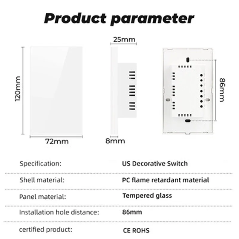 American standard white blank plate tempered crystal glass switch panel with installation iron plate to block the white board