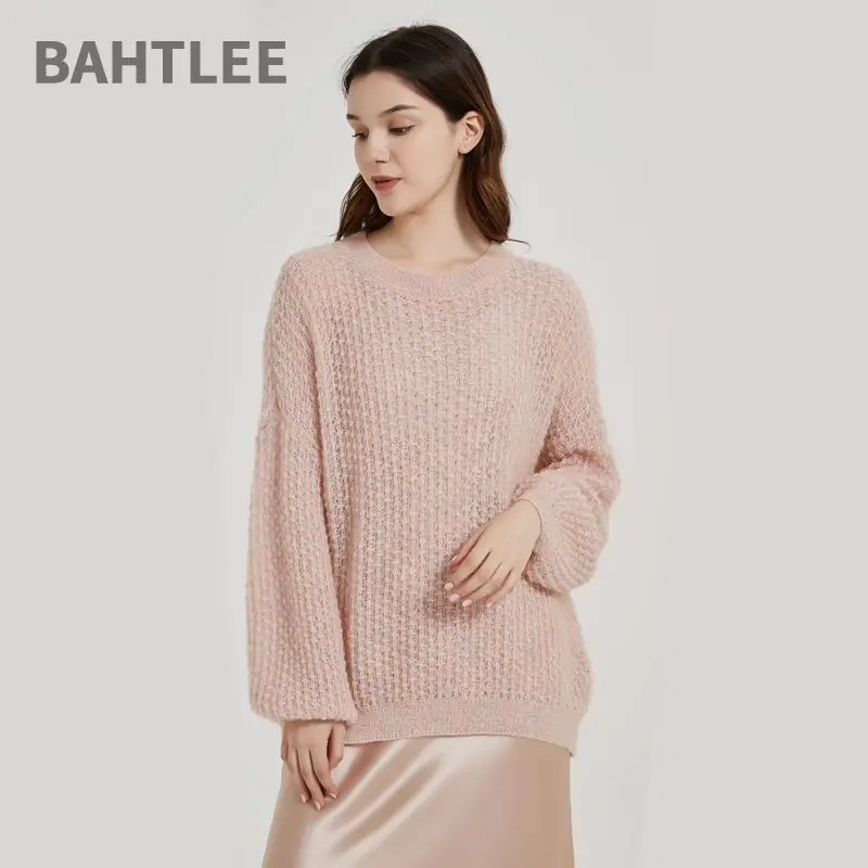 BAHTLEE-Women's Mohair Knitted Pullovers, O-Neck Sweater, Puff Sleeve, Jacquard Weave Loose Sweater, Winter