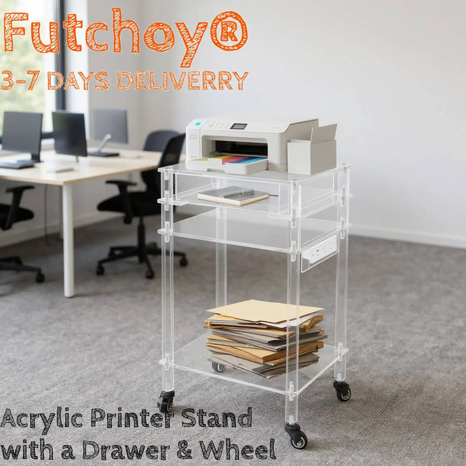 

Акриловая подставка для принтера с выдвижным ящиком и колесом для хранения небольшой копировальной бумаги, факс-машин, книг в офисе, спальне, гостиной