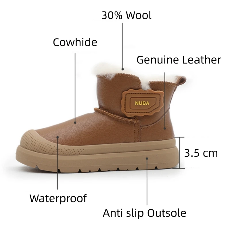 جلد طبيعي الفتيات أحذية أطفال طويلة الرقبة الشتاء الدافئة الصوف بطانة الأطفال أحذية الثلوج مقاوم للماء عدم الانزلاق جلد البقر الفتيان الأحذية #3