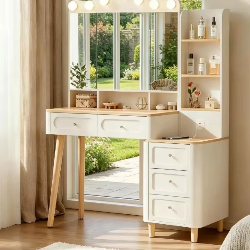 Foldable three-sided mirror with lamp dressing table, with USB power supply, drawers and lockers, dimmable