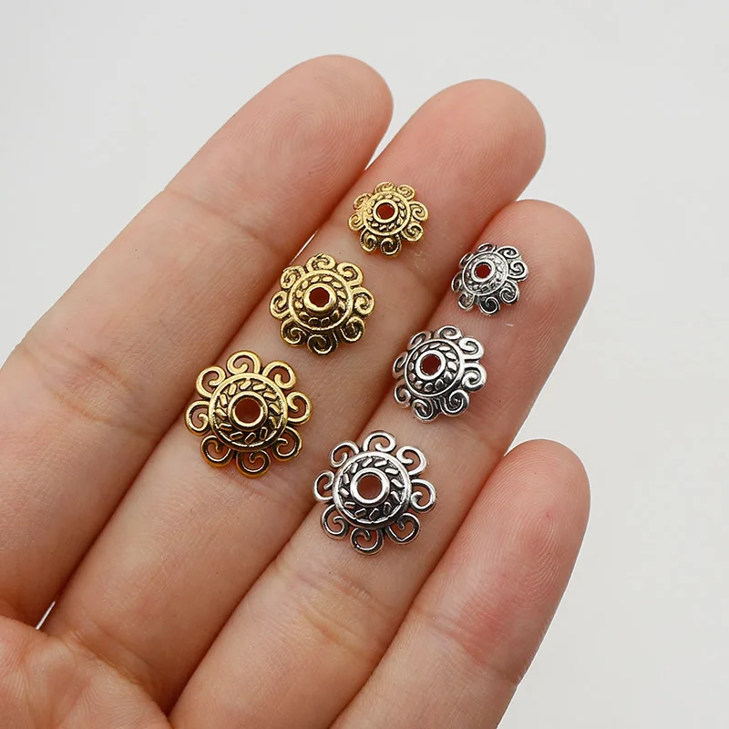 100pcs Antique Silver/Gold Metal Sunflower Bead Caps 8mm 10mm 12mm Decoration Tassel End Cap Beads Receptacle DIY Jewelry Making