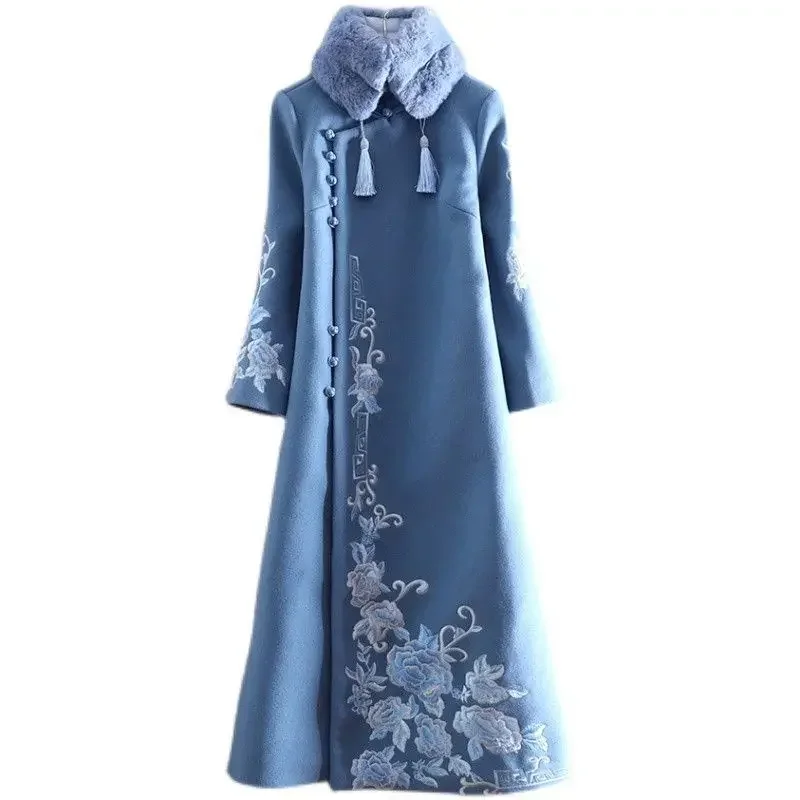 2023 chinese style improved qipao woolen dress autumn winter new improved women cheongsam dress daily floral hanfu dress