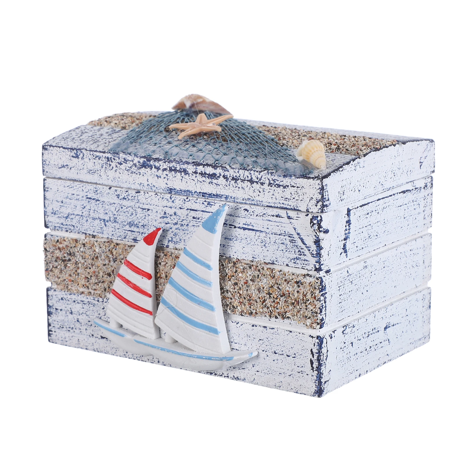 

Mediterranean Wooden Jewelry Box Beach Style Storage Organizer Sailboat Pattern Lid Living Room Coffee Table Trinket Case