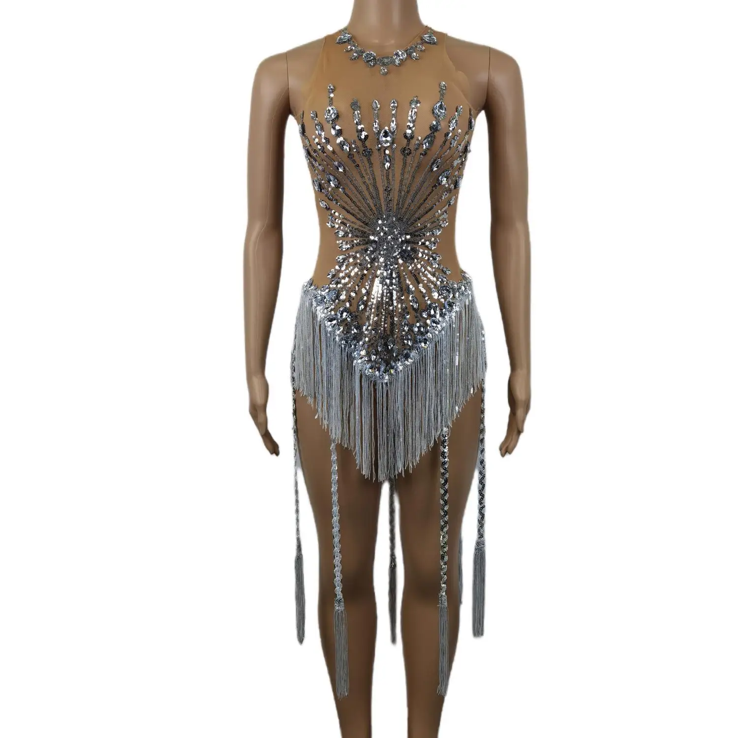 Bodysuit de cristal diamante de malha feminina collant borla lantejoula roupas de dança pólo show palco franjas, moda, senhora