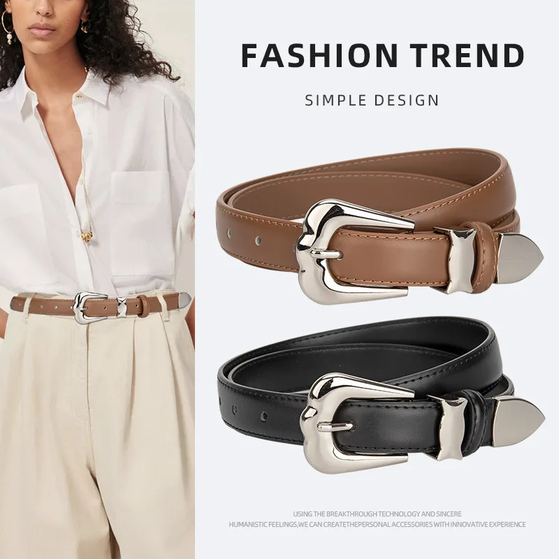 

Women's Vintage Silver Buckle Genuine Leather Corset Female Cummerbund Coat Waistband Dress Decration Narrow Belt J1456