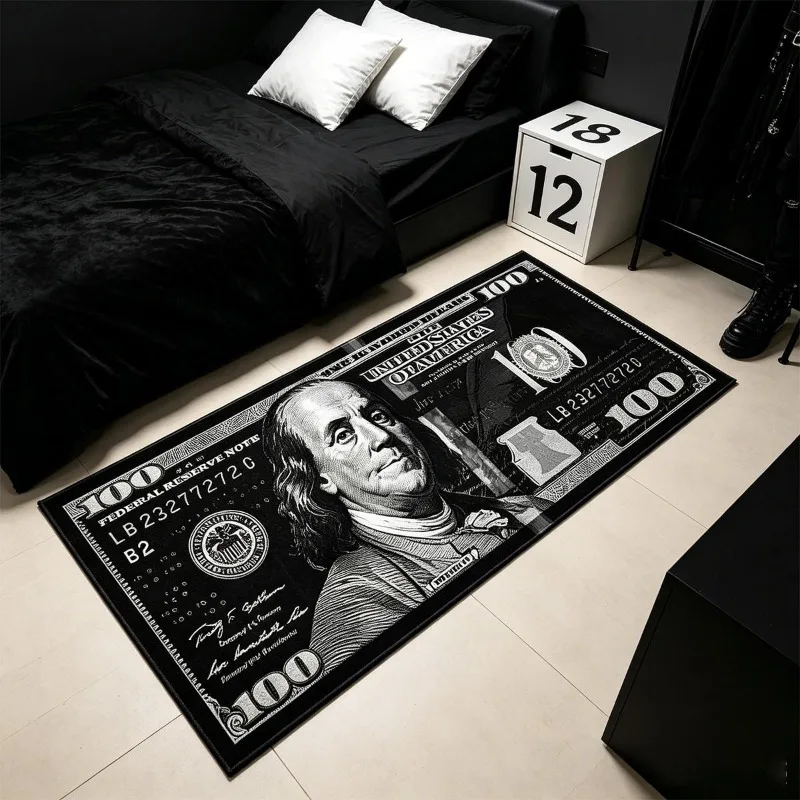 Creative Dollar Long Rug Black Gold Banknote Stylish Floor Mat Home Decor Gaming Room Bedroom Bedside Carpet Rugs for Entryway