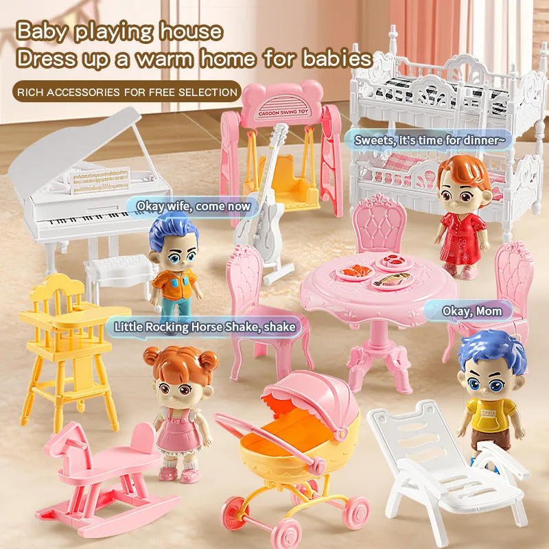 Dollhouse Furniture Set 1/12 Miniature Dolls Crib Piano Stroller & Dining Table for Kids Playhouse Pretend Play Birthday Gifts