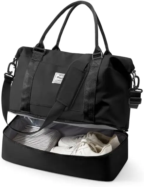 

Travel Duffel Bag 18x14x8 Inches with Shoes Compartment, Weekender Overnight Bag for Women, Carry On Tote Gym Bag Black
