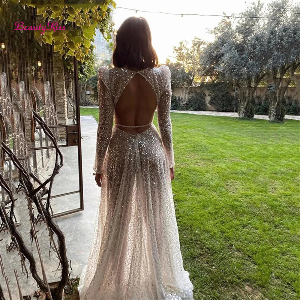 Sexy Illusion Glitter Wedding Dress Silver Deep V-Neck Long Sleeve Sequined Bridal Gowns Luxury A-Line Open Back Evening Dresses