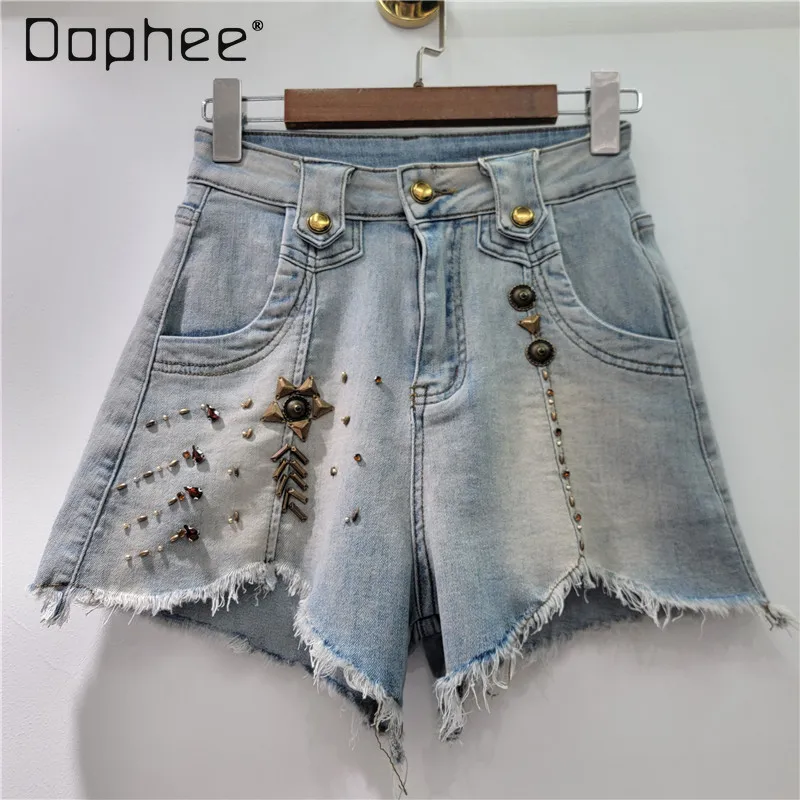 

European Goods Short Pants Heavy Industry Diamond Ripped Denim Shorts Women's Summer New High Waist Fringed Rough Edge Shorts