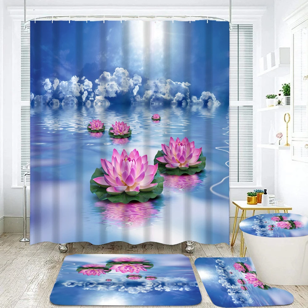 Zen Stone Bamboo Lotus Flowers Shower Curtain Set Non-slip Carpet Bath Mats Flowing Water Pattern Bathroom Curtains Toilet Cover