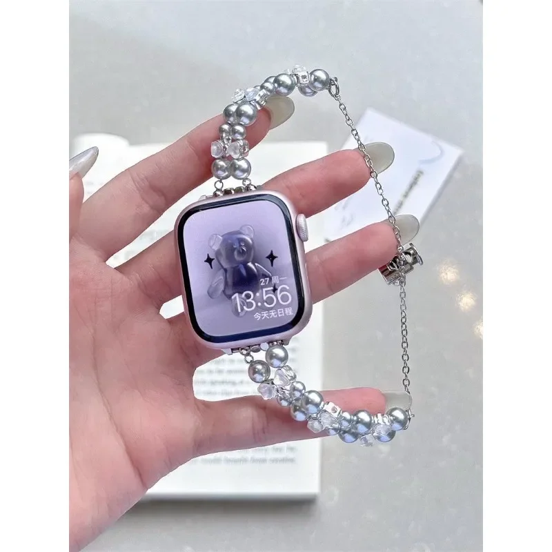 ガラス蝶パールブレスレット iWatch ストラップ 38 ミリメートル 40 ミリメートル 41 ミリメートル 42 ミリメートル 44 ミリメートル 45 ミリメートル 49 ミリメートルファッショナブルな手作りストラップと互換性
