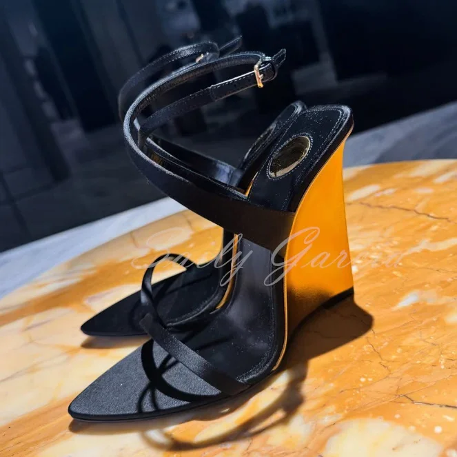 

Golden Wedge Sandals for Women 2025 Sexy Summer New Black Peep Toe Buckle Strap Slingback High Heel Runway Party Dress Shoes