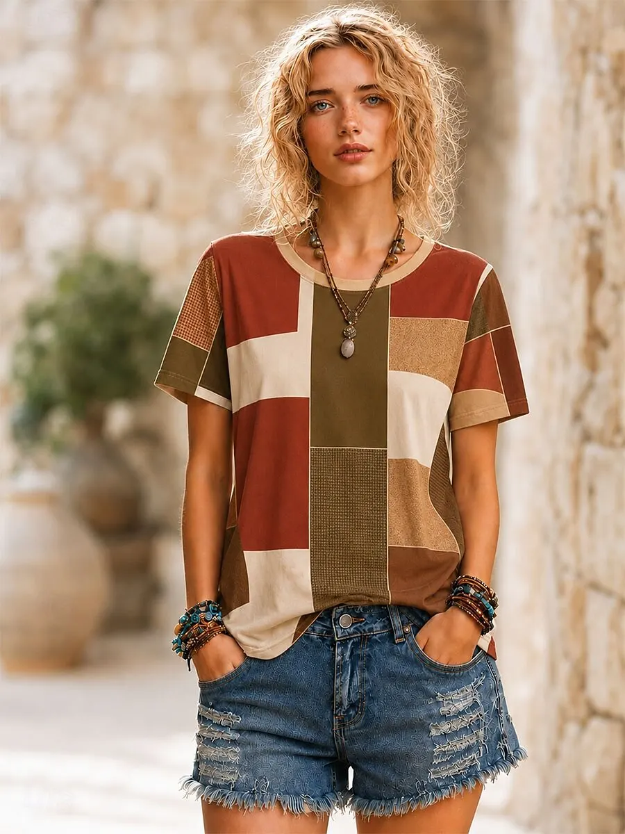 Women's Spring Summer 3D Printed Crew Neck T-Shirt, Khaki Brown Retro Ethnic Geometric Patchwork Print Casual Street Tee