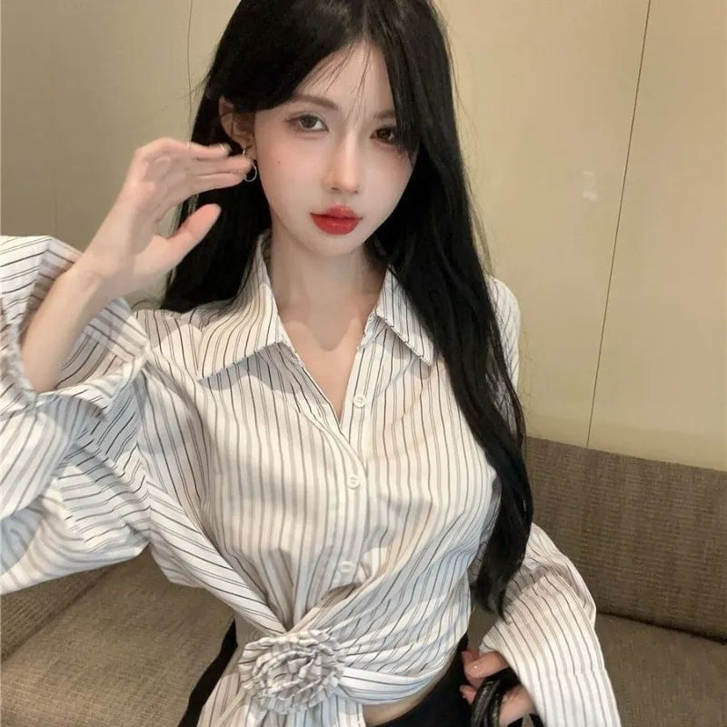 

Винтажная женская укороченная рубашка-поло в американском стиле с полосатым дизайном, осенняя блузка с коротким рукавом в стиле Sweet Spicy ​