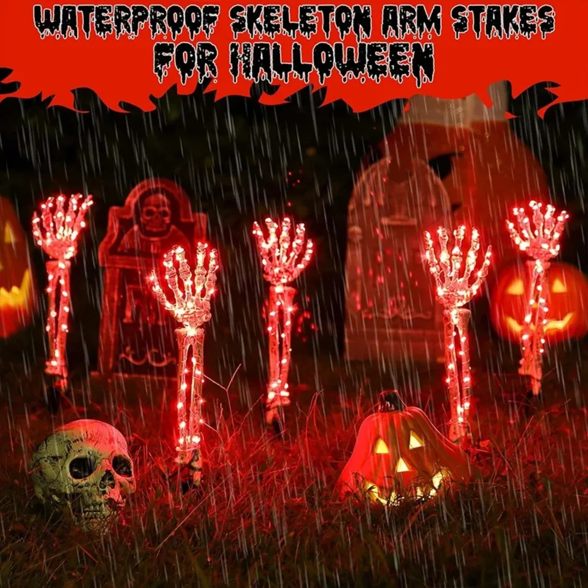 

5pcs Lighted Skeleton Arm Stakes Halloween Decorations LED Hands with 8 Lighting Modes Scary Party Props Outdoor Yard Ornament