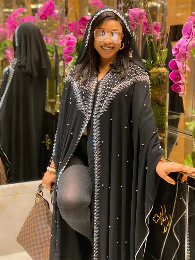 Luxury African Dresses for Women 2023 New African Clothing Dashiki Diamond Abaya Dubai Robe Evening Long Muslim Dress Hood Cape