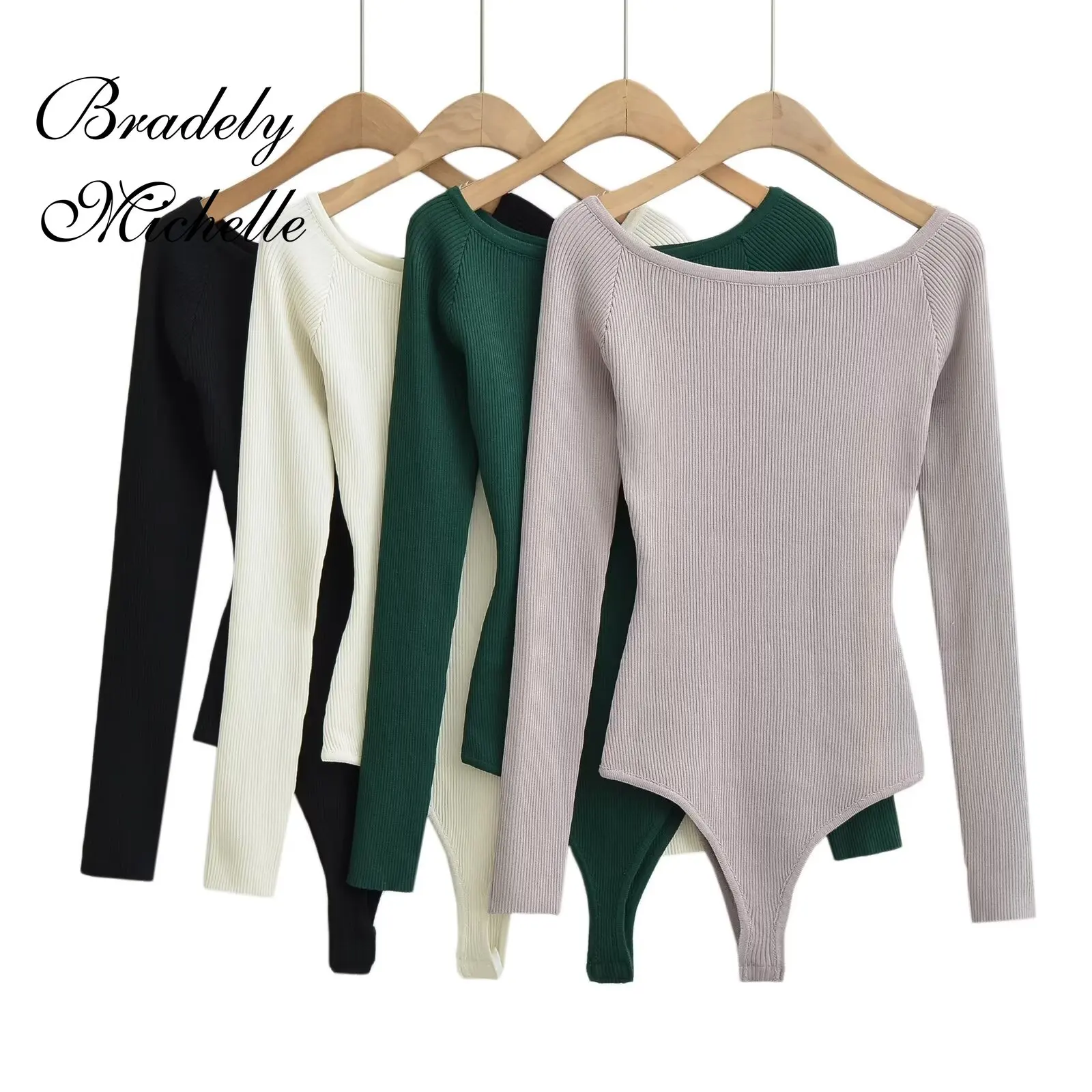 2023 New Spring Women's Sexy Clothing Long Sleeve Off-shoulder Knitted Pullover Bodysuit Jumpsuit Top