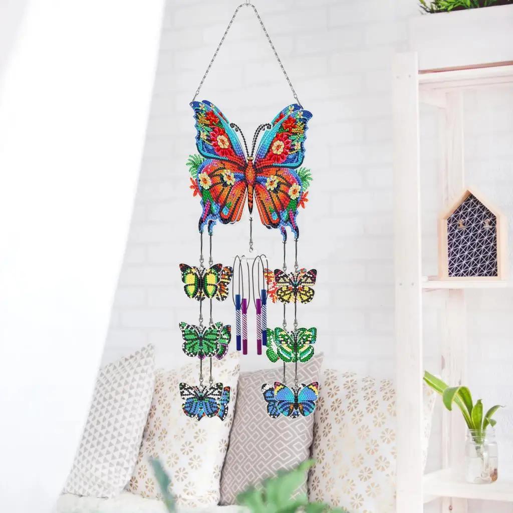 Dispaint 5D DIY Diamond Painting Double Side Wind Chime Butterfly Dot Pendant Embroidery Hanging Gift Window Pendant Home Decor