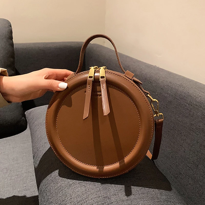 Solid Color PU Leather Shoulder Bag Crossbody Bag For Women Round Small Handbag Fashion Designer Bags Female Zipper Purses