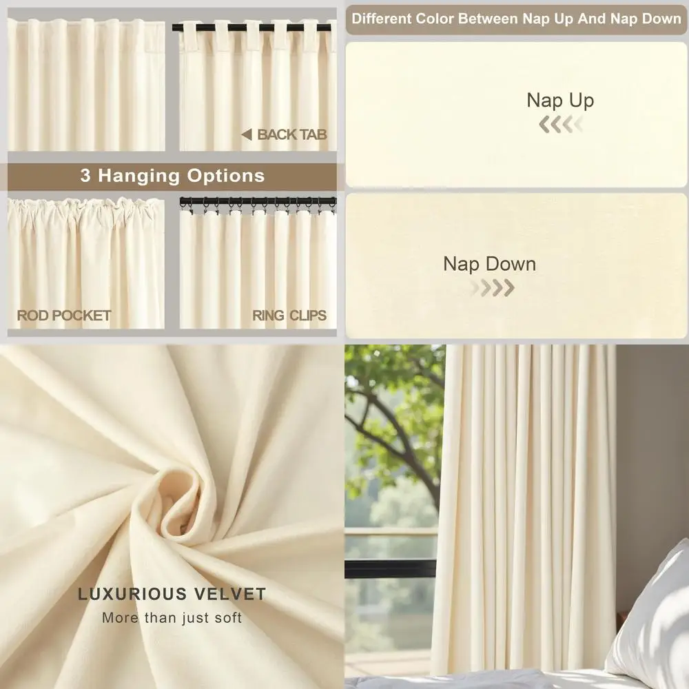 Luxury Cream Beige Velvet Curtains, 52x84, 2-Panel, Back Tab, Sound Insulation, Light Filtering for Living Room & Bedroom