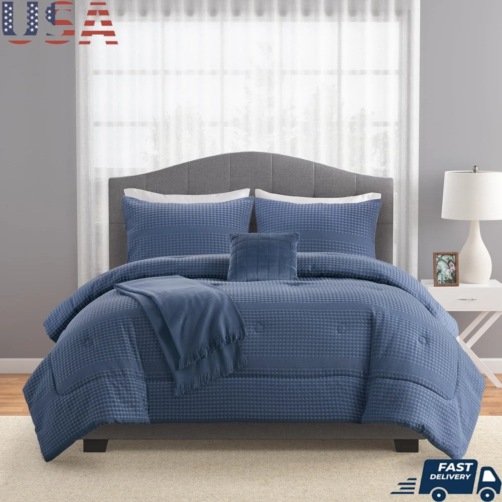 

5-Piece King Comforter Set Indigo Waffle Bedding Includes Shams Decorative Pillow Throw Machine Washable Versatile Adults Teens