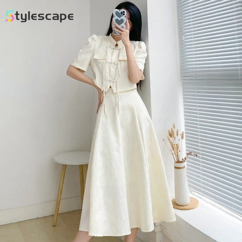 2024 New Chinese Short Sleeved Top Half Skirt Large Qipao New Women's Summer New Style Slimming Two Piece Set for Woman