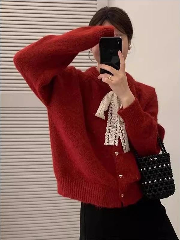 

Red round Neck Knitted Sweater Coat Women's Spring Autumn Winter Soft Loose Knot Knitwear Comfortable Regular Fit