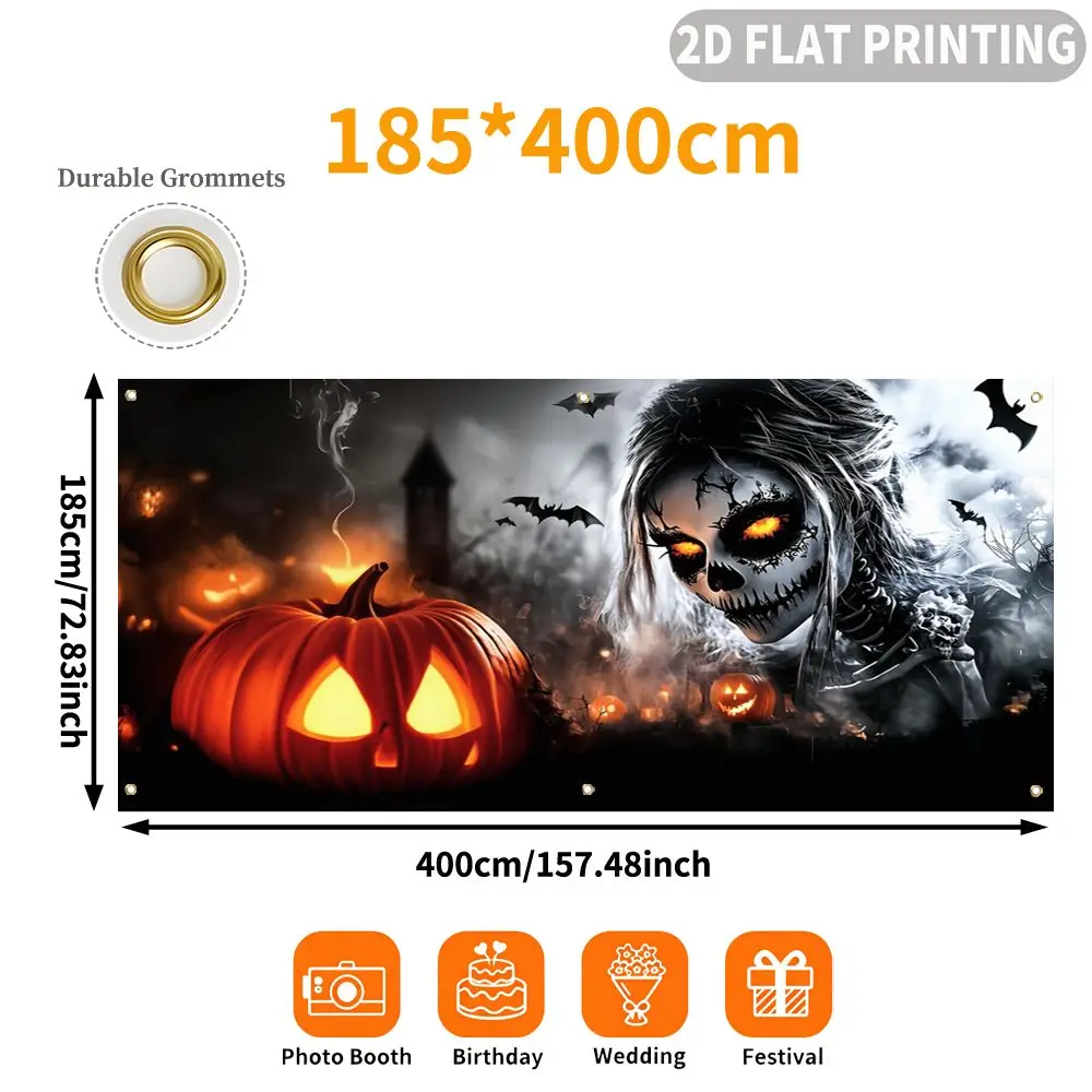 1pc 2D FLAT Halloween Party Garage Banner, Halloween Skull Pumpkin Bat Scene Print Pattern, No Power Need, for Home Decor