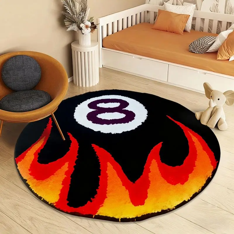 VIKAMA Flame Number 8 Billiards Round Rug Non Slip Washable Living Room Boys Bedroom Carpet Decor