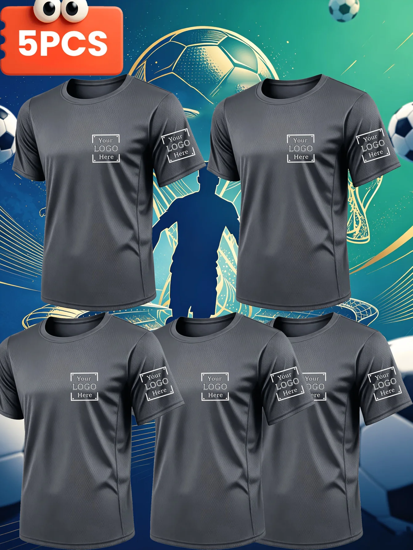 DIY Customizable 5-Piece Round Neck Quick-Dry T-Shirt Set with Soccer-Themed Prints, Stylish and Versatile for Couples