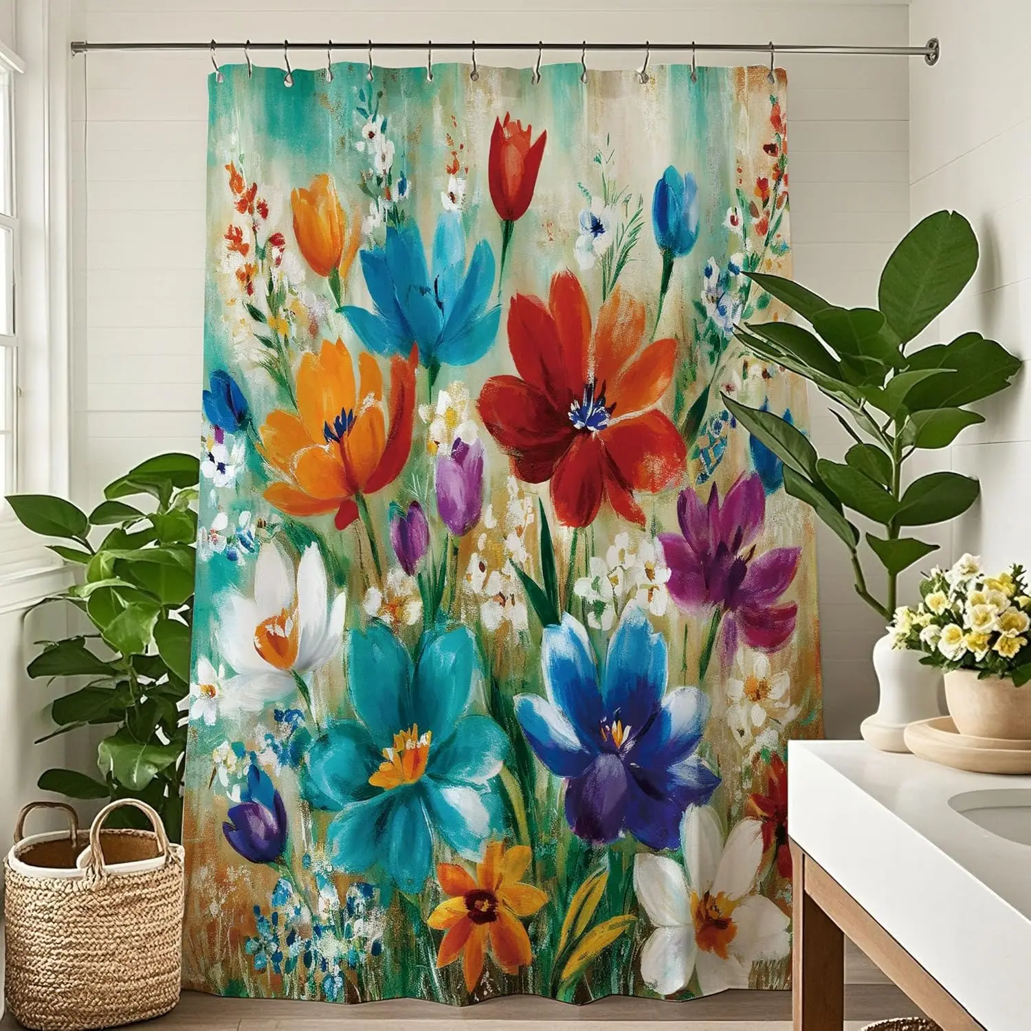 

Colorful Boho Floral Shower Curtain Bohemian Flower Shower Curtains for Bathroom Retro Rustic Oil Painting Spring Rose Bath Aest