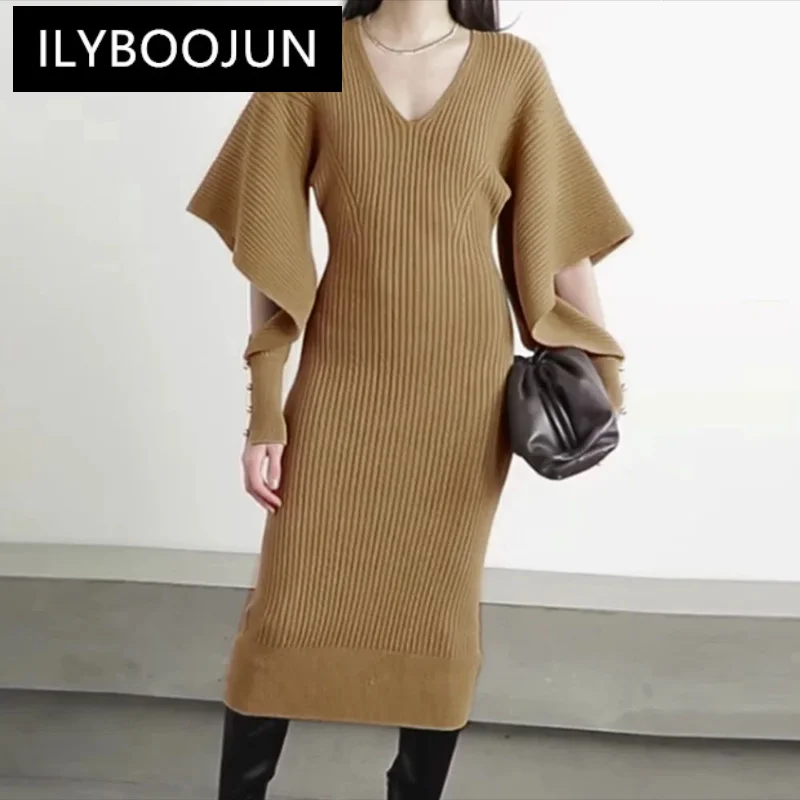 

Женское трикотажное платье с V-образным вырезом, длинным рукавом и пуговицами