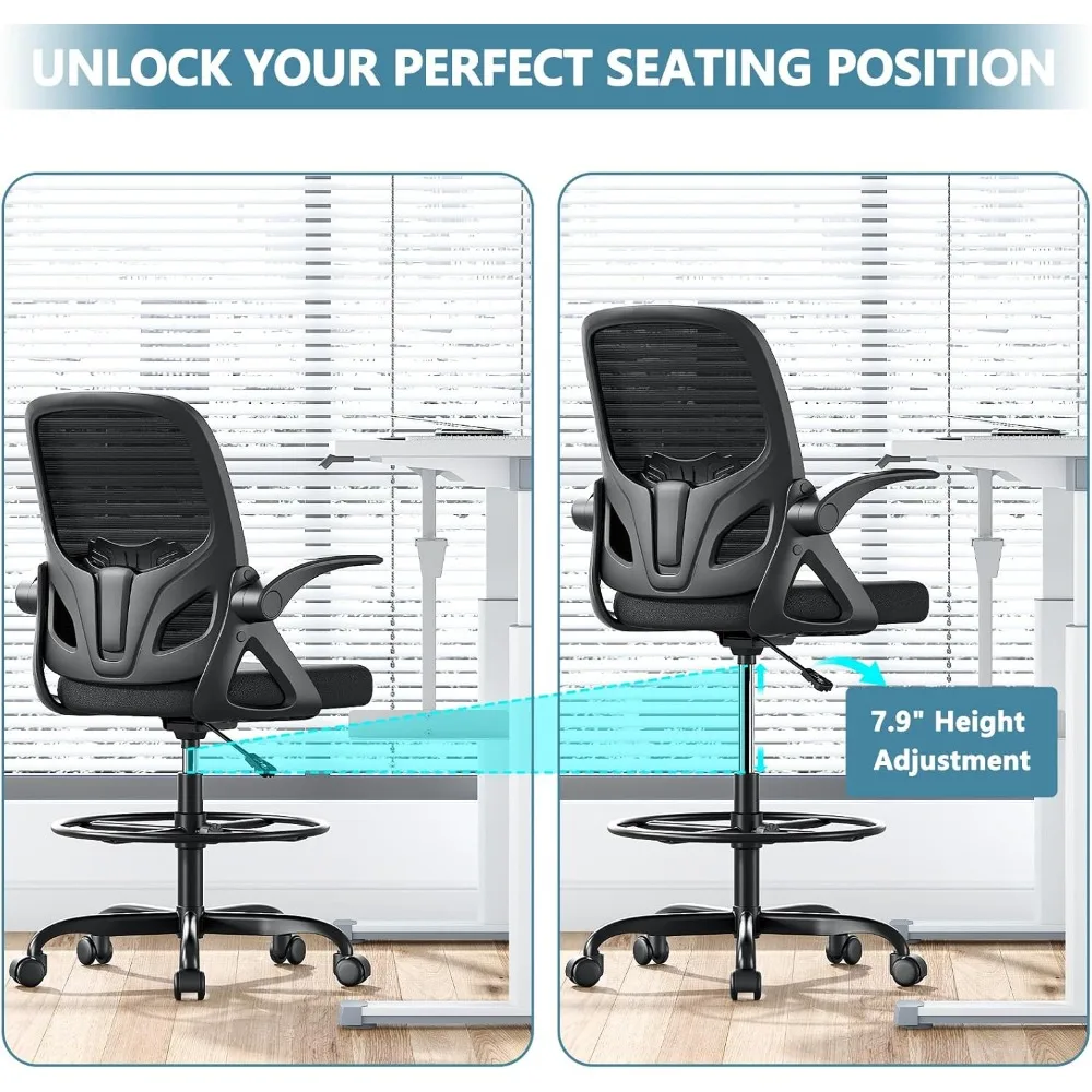 Drafting Chair Tall Office Chair for Standing Desk Adjustable Tall Desk Chair with Footrest Ring and Lumbar Support Ergonomic