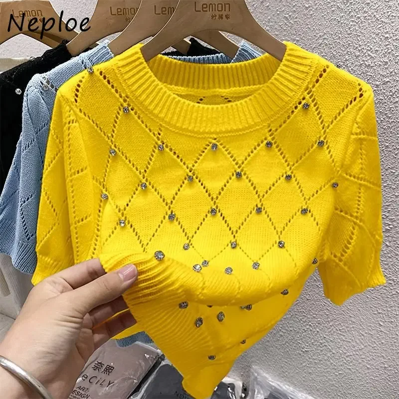 Neploe Solid Color Puff Sleeve T-Shirts 2024 Summer Hollow Out Niche Sweet Knit Tops Femme Korean Simple Casual O-Neck Tees