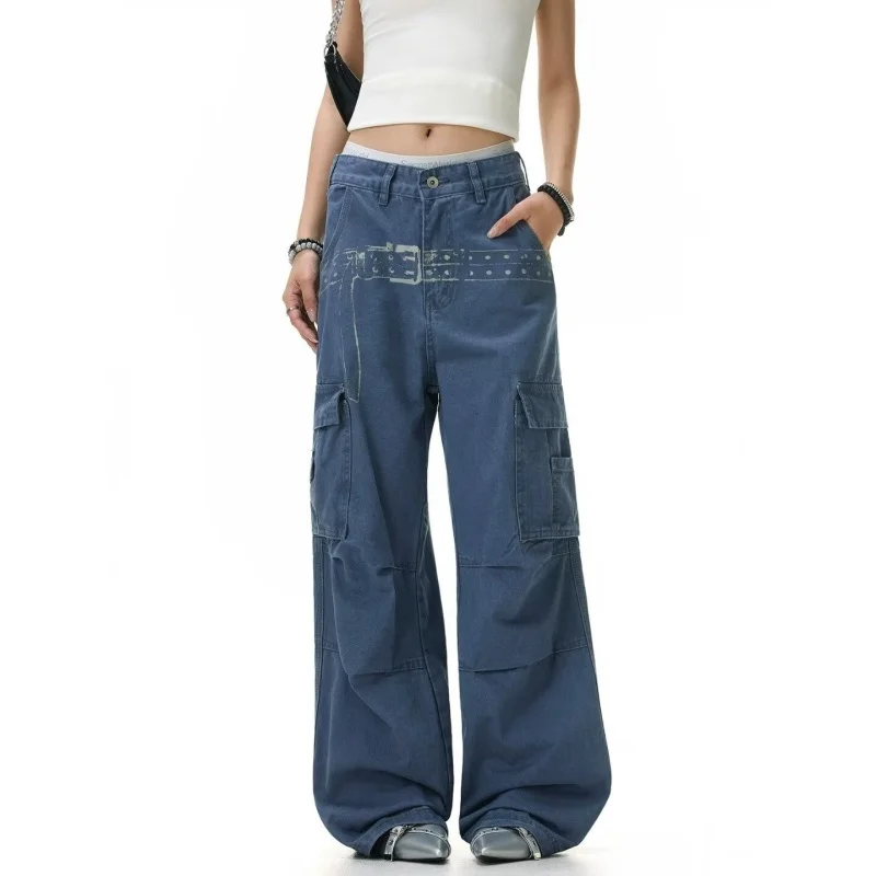 

2026 Ropa Y2K Fashion Waistband Print Blue Women's Cargo Jeans Pants For Woman Clothing Straight Summer Casual Denim Trousers