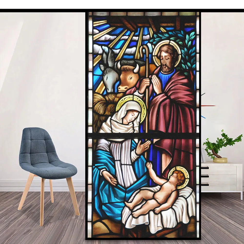 Static Electricity Frosted Privacy Window Film Anti UV Blocking Heat Control Cathedral Painting Glass Window Decoration