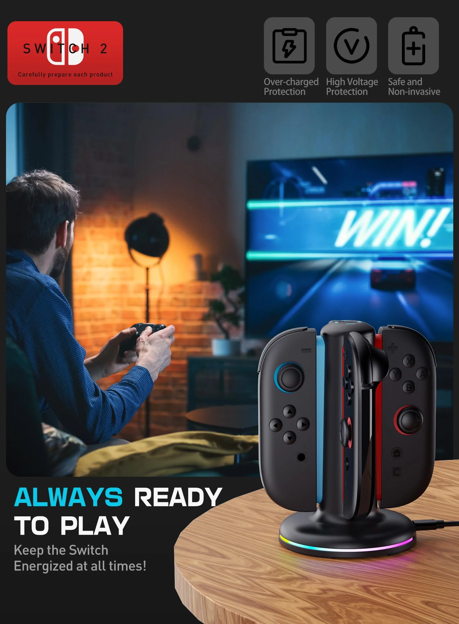 

Зарядная док-станция для контроллеров Switch2 с RGB-подсветкой и мультирежимной подсветкой, специальная зарядная база для контроллеров JC для Switch2
