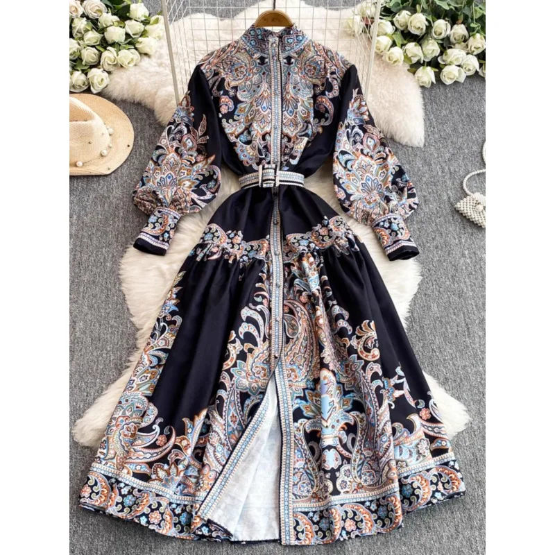 الرجعية المحكمة الأوروبية الوقوف طوق واحدة الصدر زر جرس كم الخصر Cinching مطوي التخسيس طويل طباعة ألف خط فستان #3