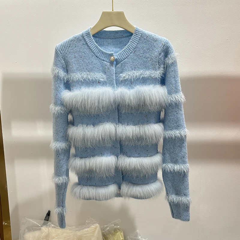 Nowa kolekcja 2025: Damski jesienny niebieski sweter z prawdziwego futra lisa, naturalne futro, nowy wzór, dzianinowa kurtka.