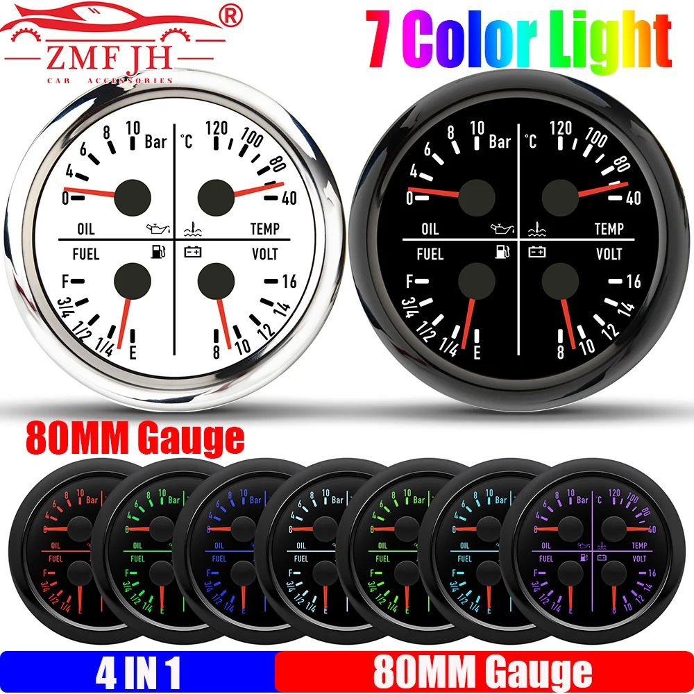

Многофункциональный 4-в-1 датчик ZMFJH 7 цветов LED 80 мм: давление масла + температура воды + уровень топлива + напряжение для автомобиля, лодки, яхты 12VDC