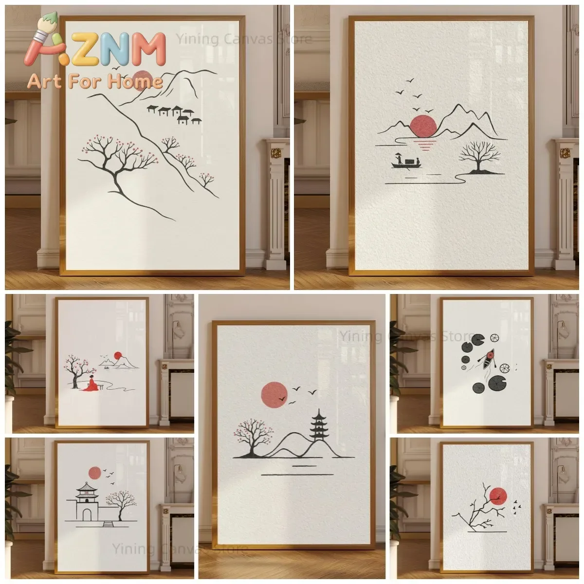 Minimalist Japanese Ink Poster, Red Sun Branch Line Art with Birds, Zen Wabi Sabi Japandi Wall Art Print, Modern Asian Decor